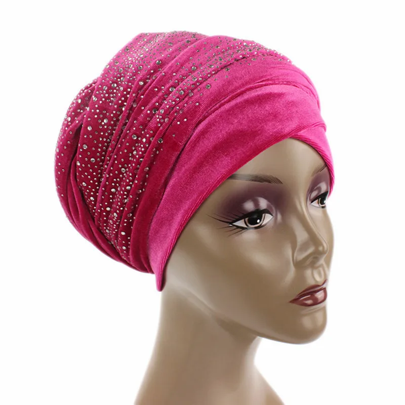 Женский удлиненный бархатный Тюрбан повязка на голову модные роскошные стразы головные уборы хиджаб платок на голову Мусульманский Стиль Аксессуары для волос - Цвет: rose red