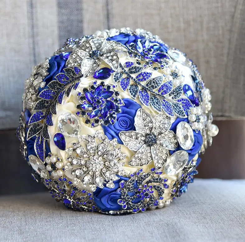Royal Blue JaneVini Роскошный Королевский синий ювелирный букет невесты жемчуг Кристалл Роза Articielle атласная лента бисером свадебные букеты невесты - Цвет: Royal Blue
