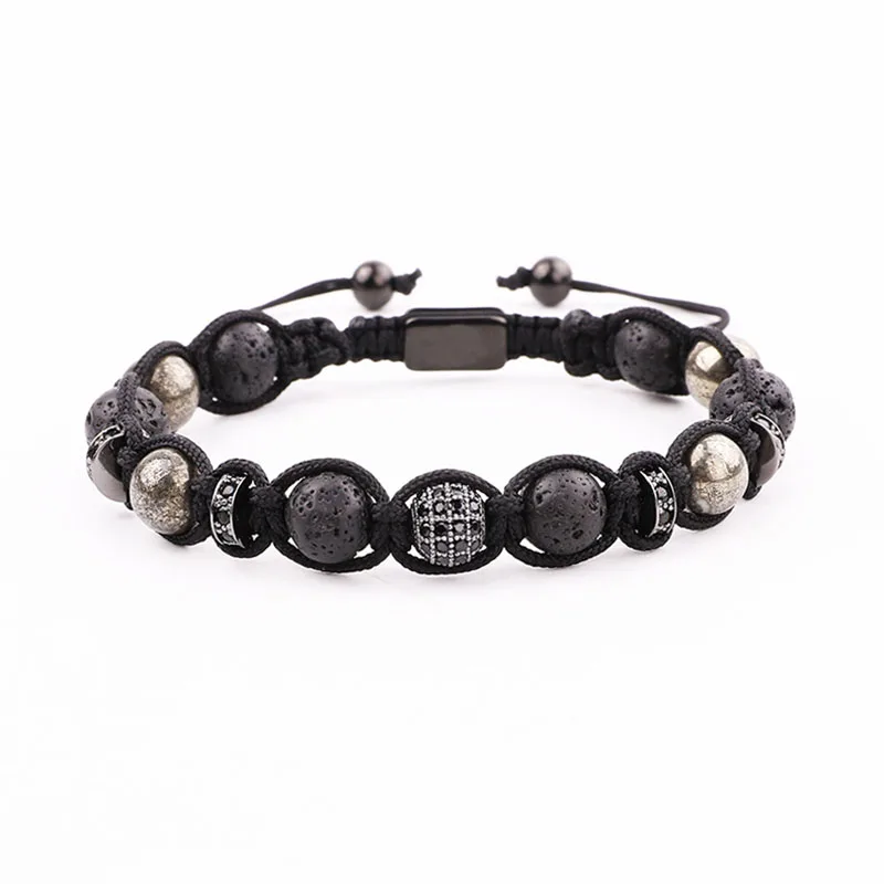 

New Design CZ Pave Ball Lava Stone Pyrite Braided Macrame Cord Bracelet Men Jewelry Gift