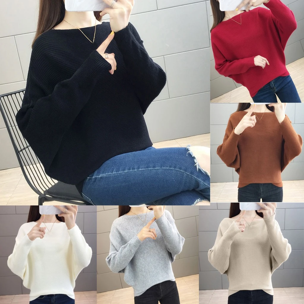 2019 New Arrival Winter Women Tops Casual O-Neck Batwing Sleeve Blouses Autumn Knitted Polka Shirt 903