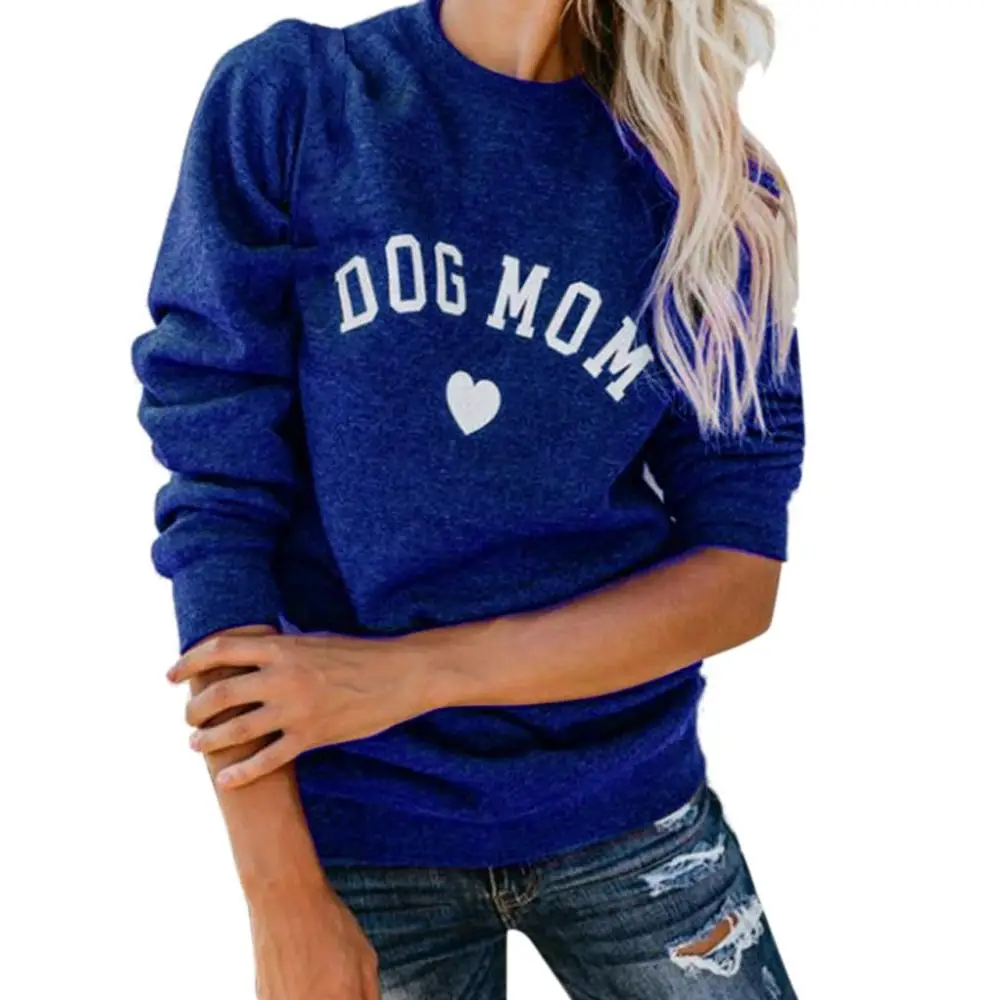 Crew Neck Womens Tshirt Dog Mom and Cat Mom Kawaii Letter Prints Long Sleeve Women tshirt Tops Fashion Pullover Outfits - Цвет: Синий