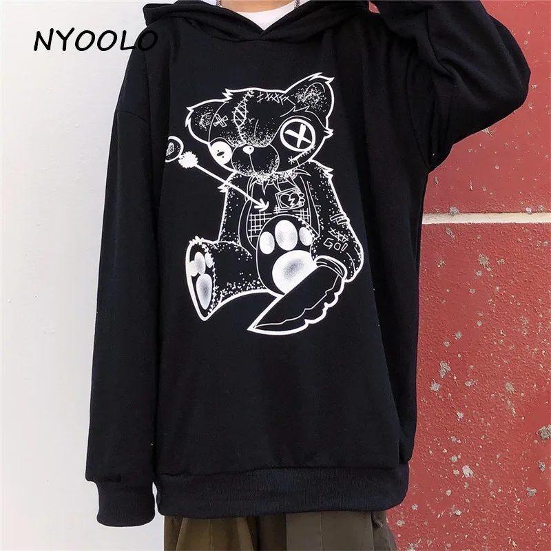 NYOOLO Harajuku дизайн мультфильм боль медведь печати Свободные толстовки осень уличная одежда с длинным рукавом пуловеры толстовка с капюшоном для женщин мужчин - Цвет: Черный