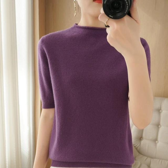 New women's cashmere sweater short sleeve Pullover short sleeve summer wool T-shirt short sleeve Lilac
