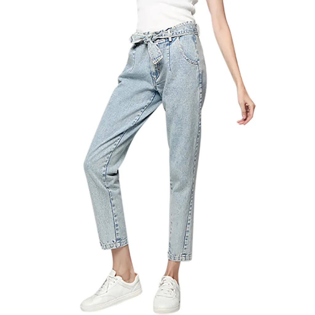 Light blue Дикие сексуальные джинсы женский по щиколотку брюки длинные джинсовые узкие брюки офисные женские осенние эластичные талии повседневные ремни карманы брюк - Цвет: Light blue