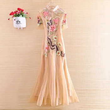 

High-end Summer Women Vintage Midi Dresses Embroidery Elegant Lady Slim Mermaid Party Embroidered Mesh Dress S-XL