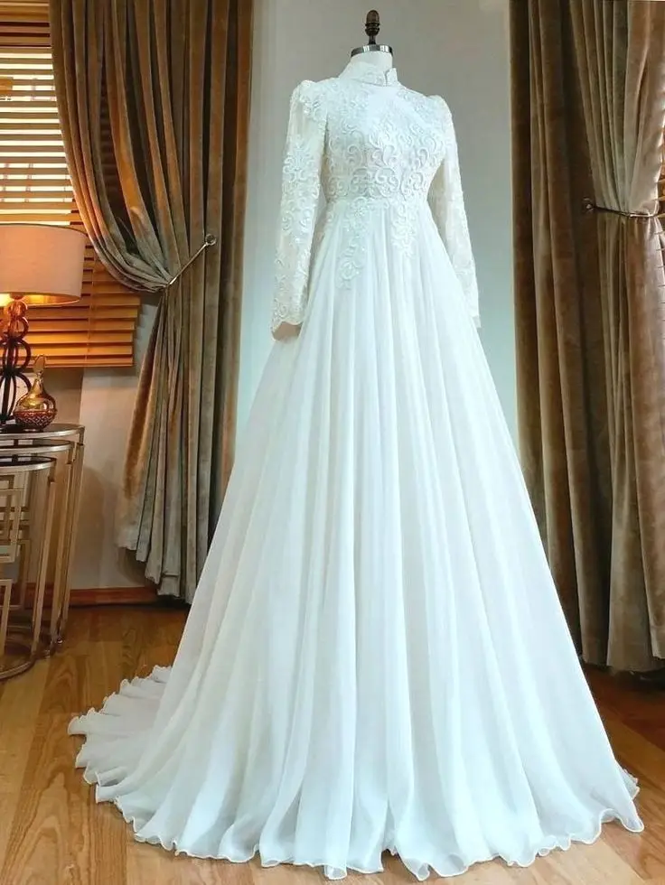 

Long Sleeve Muslim Wedding Dresses 2023 For Woman Long Chiffon High Neck Bridal Gowns Moroccan Caftan Robe de Mariage