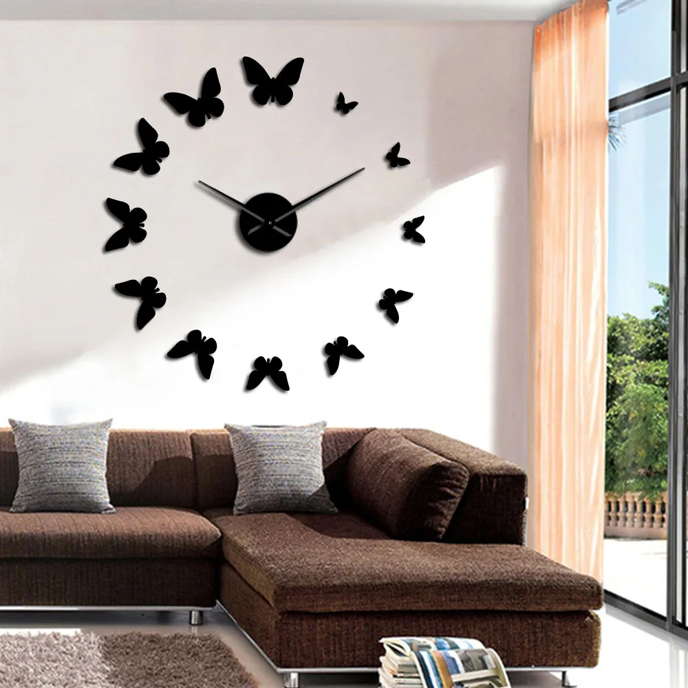 Декоративные зеркальные настенные часы природа Летающие бабочки современный дизайн Роскошные DIY большие настенные часы бескаркасные настенные часы