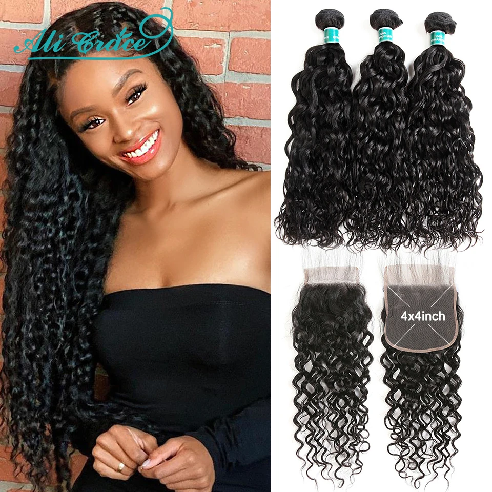 

Ali Grace Brazilian Water Wave 3 Hair Bundles With Closure 4x4 Transparent Lace 100% Human Hair Bundles with Closure Middle Part