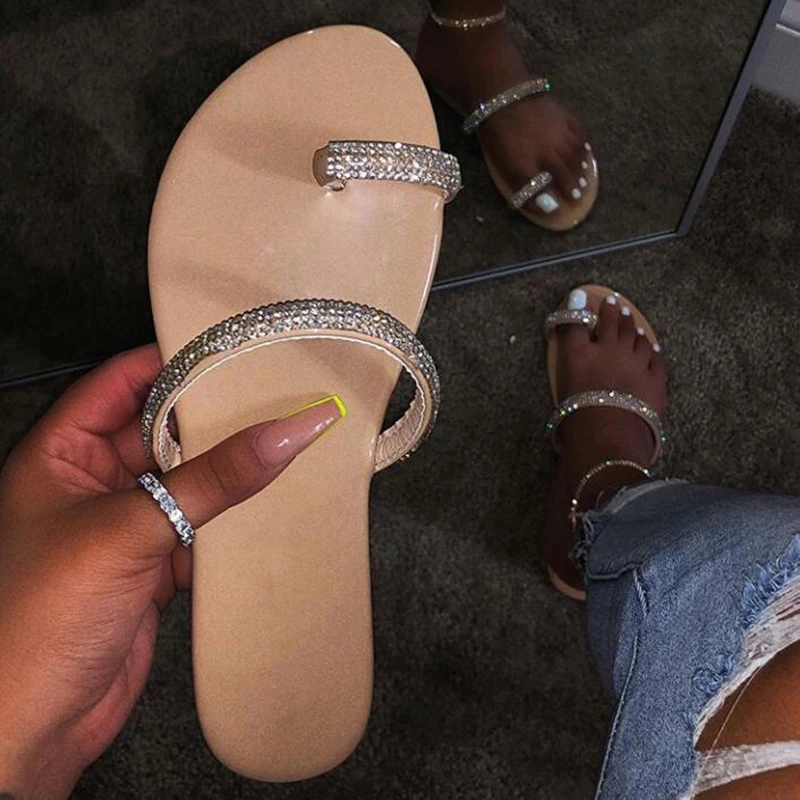 

Rhinestone bright diamond slippers crystal 2020 New Hollow flat Slide ladies open toe Comfort slip on Outdoor beach sandals