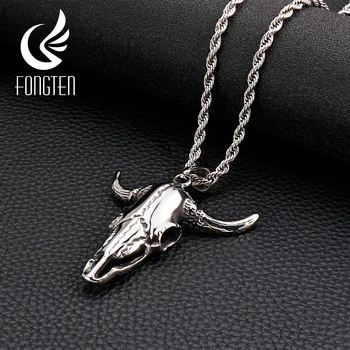 

Fongten Bull Fighting Cattle Buffalo Skull Pendant Necklace Men Stainless Steel Necklaces Jewelry