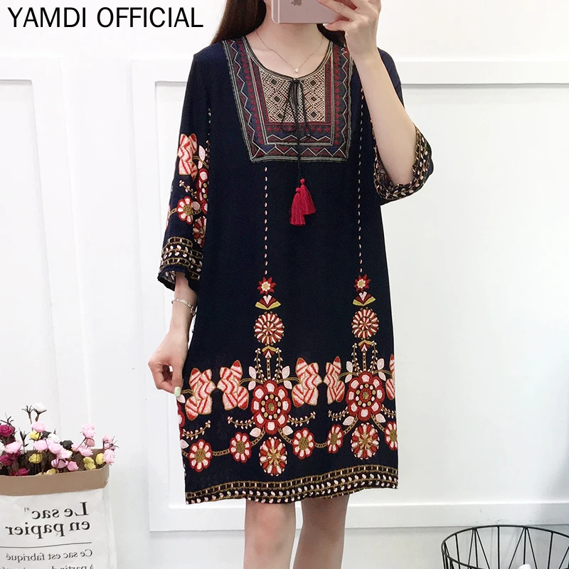 

YAMDI Vintage Dresses Women Summer Autumn Print Floral Loose 3/4 Sleeve O Neck Chic Elegant Bohemian Midi Dress Female 2019 New