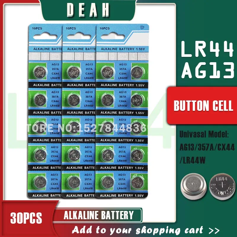 DEAH 30 шт. 1 55 в AG13 LR44 щелочная батарея для монет AG 13 LR44W LR1154 SR44 A76 357A 303 357 батарейки