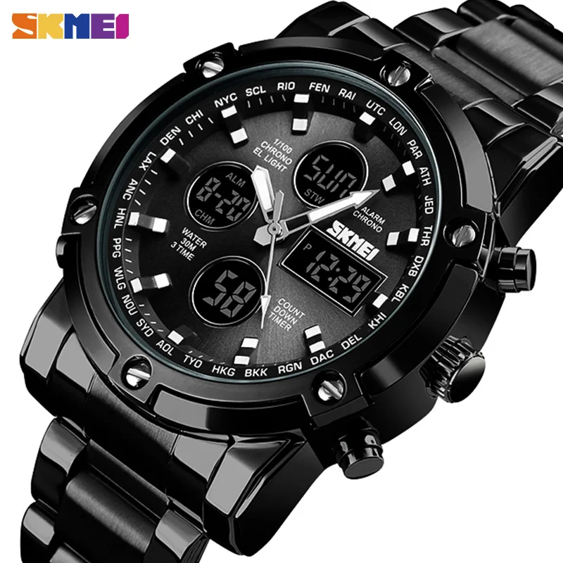 

SKMEI Digital Quartz Watch Men Three Time Quartz Wrist Mens Watch Countdown Steel Strap Wristwatch Clock Relogio Masculino 1389