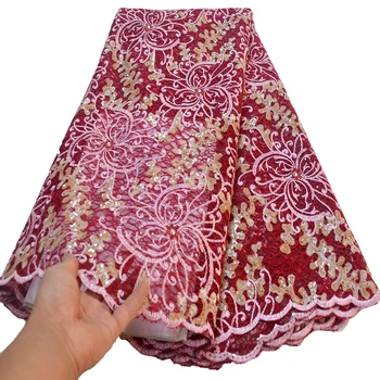 

African lace fabric 2019 high quality lace Embroidery French Lace Fabrics With sequins stones for Wedding dress