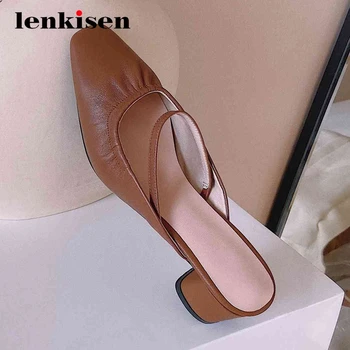 

Lenkisen 2020 simple style full grain leather pleated square toe high square heel mules slip on beauty lady daily wear pumps L76