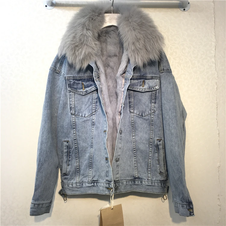 2019 Winter Real Fox Fur Women's Jean Jacket And Coat Women Denim Loose Soft Rabbit Fur Liner Ladies Jacket Female Streetwear