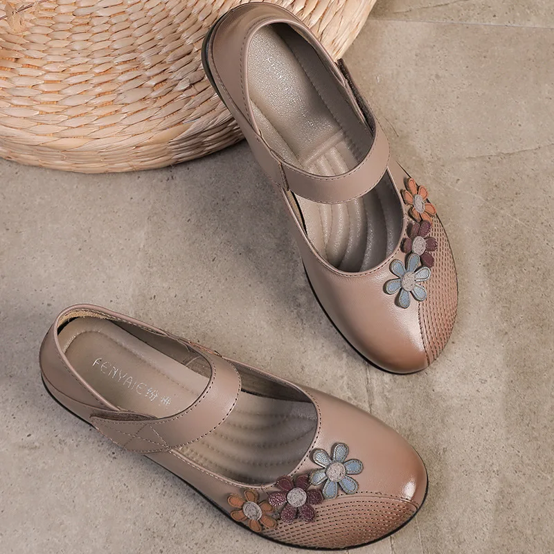 

88665 New Style 19 Years Spring And Autumn Single Shoes Genuine Leather Middle-aged Shoes Casual Shoe Mom Shoes Women's Low Heel