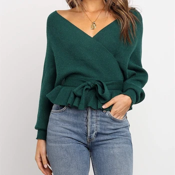

Sweater Women Pink Vintage Pullover Ruffle Sweater Knitted Long Sleeve V Neck Backless Sweaters Ladies Korean Streetwear 2020