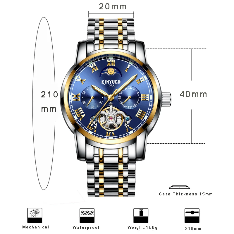 KINYUED Moon Phase Календарь автоматические часы для мужчин Скелет механические часы для мужчин s сталь Водонепроницаемый Бизнес Relogio Masculino