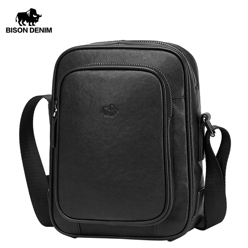 

BISON DENIM Genuine Leather Men Shoulder Bag Zipper Crossbody Bag for Men Small Phone Men Bag Male Handbag N2983
