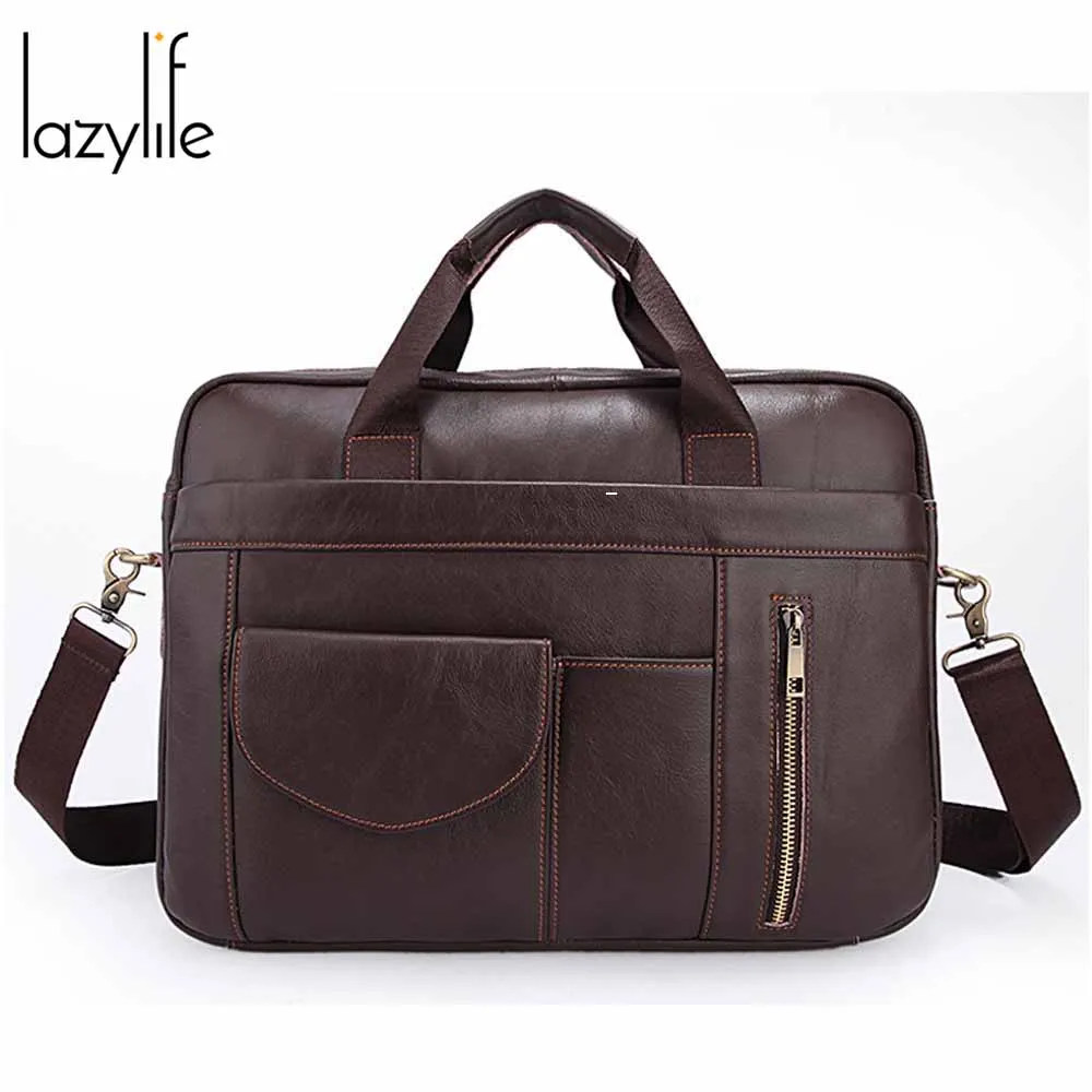

LAZYLIFE Men's Business Black Casual Bag Genuine leather Briefcase men's Tote bags Brown male Business large capacity