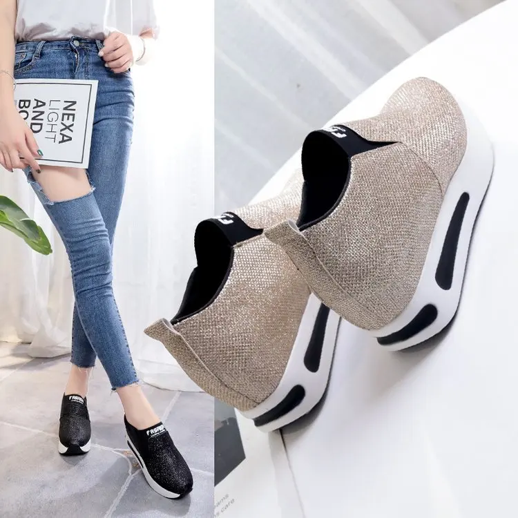 

2019 Spring New Style Korean-style Within WOMEN'S Shoes Slip-on Sequined Cloth Casual Platform Shoes Sports Slanted Heel Shoes