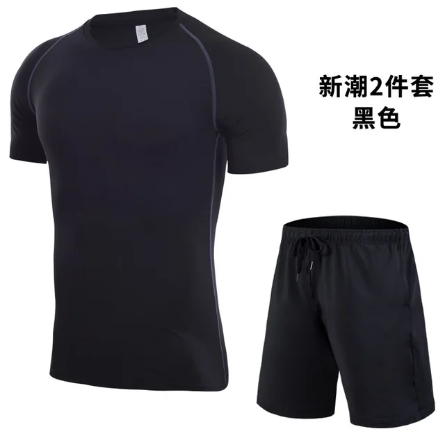 2 Pcs Shirt/Vest+Shorts Men Sport Suit Quick Dry Breathable Running Set Clothes Jogger Training Gym Fitness Sportswear Tracksuit - Цвет: 1974 black