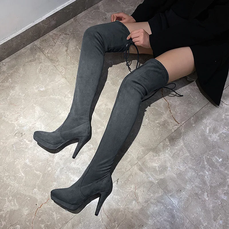 

YMECHIC Slim Suede High Heel Winter Ladies Sexy Boots Black Gray Pointed Toe Platform Overknee Boots Female Womens Shoes 2019