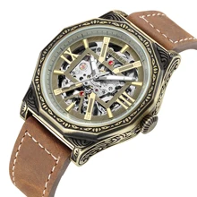 

Top Brand Retro Luxury Men Mechanical Watch Automatic Self-Wind Movement Brown Leather Belt Diamond Shaped Crown Vintage Pattern