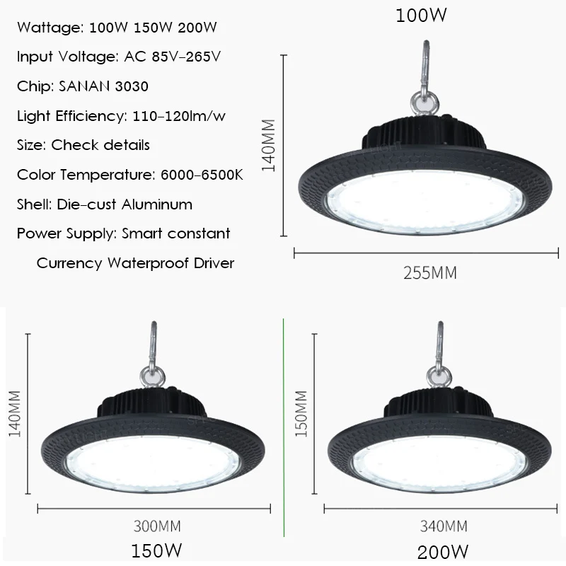 100W 150W 200 Watt AC85V-265V UFO High Bay LED Light 6000K Bright White Industrial Highbay Light Warehouse Light Fixtures Smart IC Driver (8)