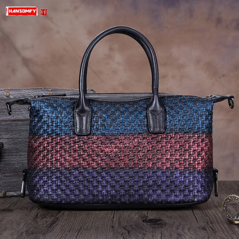 

2019 Vintage leather woven Women bag handmade female leather handbag ladies shoulder Messenger bag retro big crossbody bags