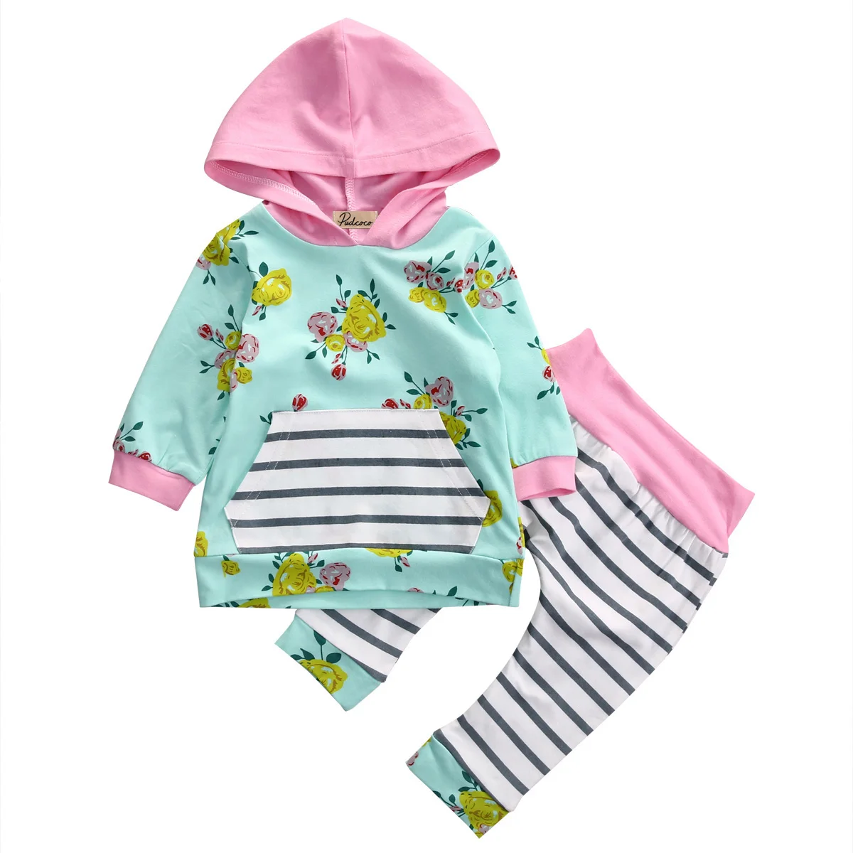 

2PCS Newborn Toddler Kids Baby Boy Girl Floral Clothes Set Long Sleeve Hooded Tops Striped Long Pant Trouser Children Clothing