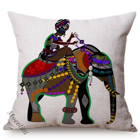 African Folk Traditional Music Art Hand Painted Africa Women Ride Giraffe Abstract Pattern Sofa Pillow Cover Linen Cushion Cover K156-4