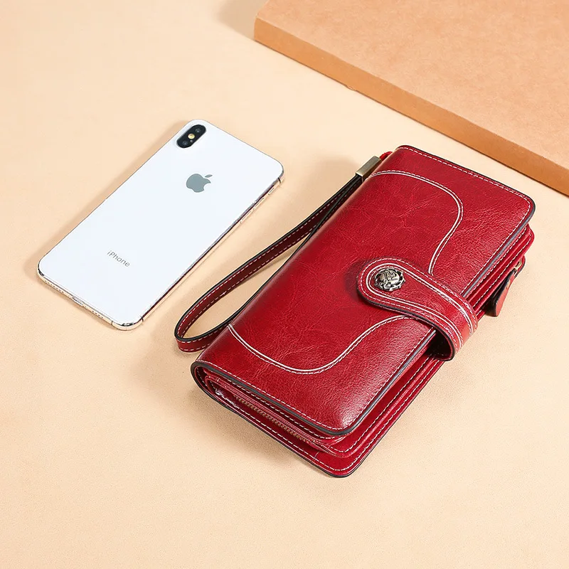 

Длинный женский кошелек из натуральной кожи, вощеная RFID-карта, Большой Вместительный бумажник в стиле ретро для хранения кредитных карт