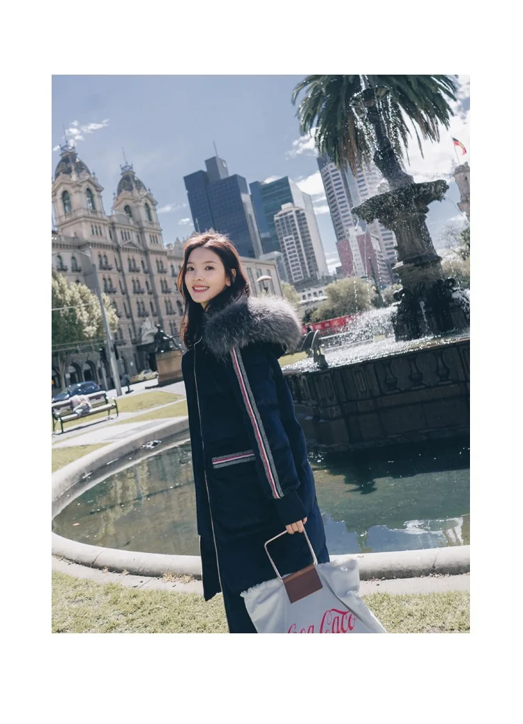 Photo Shoot Contrast Color Webbing Large Fur Collar Hooded Cotton-padded Clothes Women's CHIC Textured Dark Blue Velvet Loose-Fi