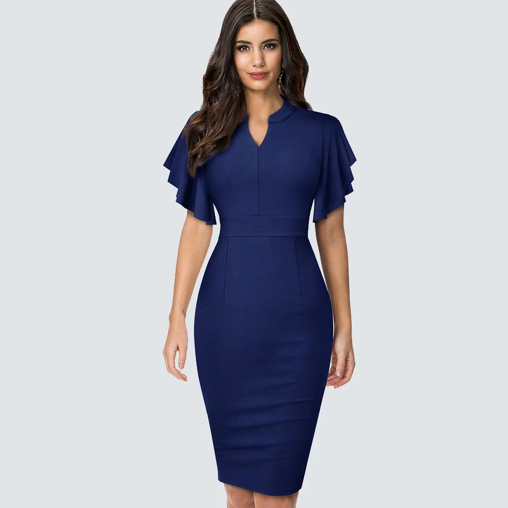 Dark Blue Ретро короткое однотонное тонкое платье с рюшами на рукавах Элегантное повседневное платье-карандаш HB572 - Цвет: Dark Blue