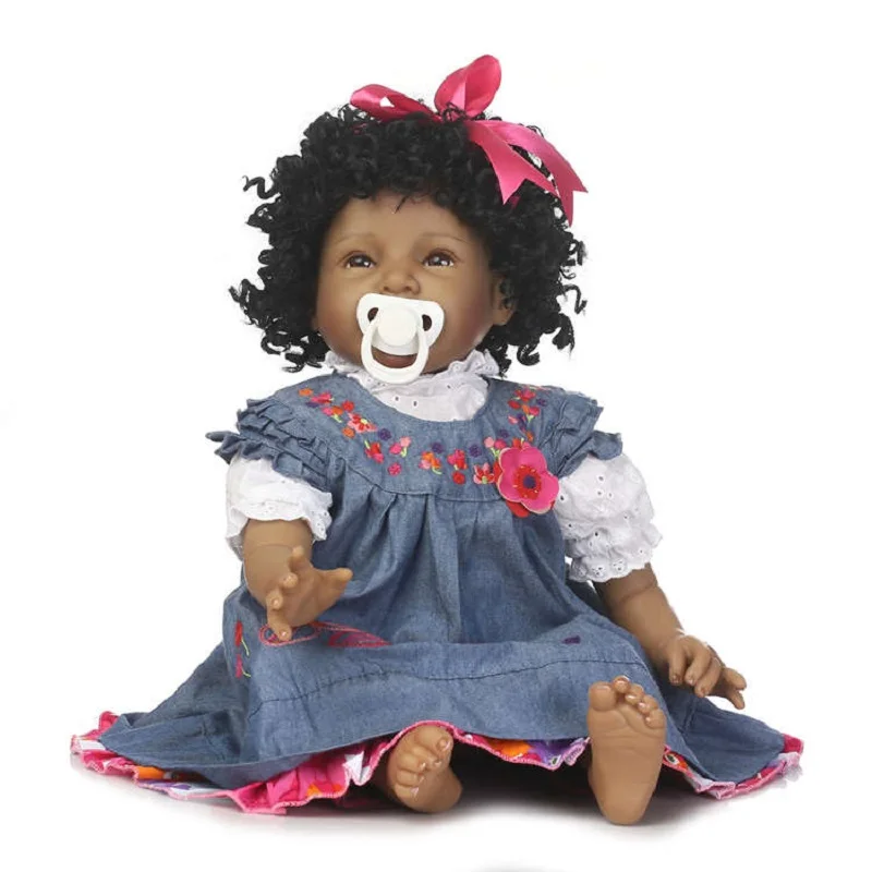 

bebe reborn 55cm bonecas handmade Lifelike reborn baby dolls full body vinyl silicone black skin curly hair girl kids toy gifts