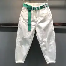 Новые летние белые с высокой талией джинсы для женщин свободное до щиколотки штаны-шаровары; большие размеры