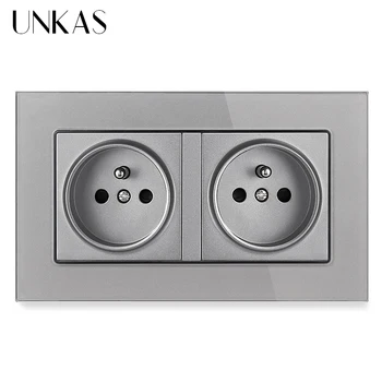 

UNKAS Dual French Standard Grey Luxury Tempered Crystal Glass Panel Socket 146MM * 86MM Gray 2 Gang Wall Power 16A Outlet