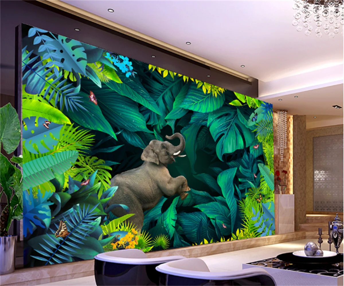 

Customize any size wallpaper mural tropical rainforest plant 3D stereo landscape TV background wall painting decoration salon