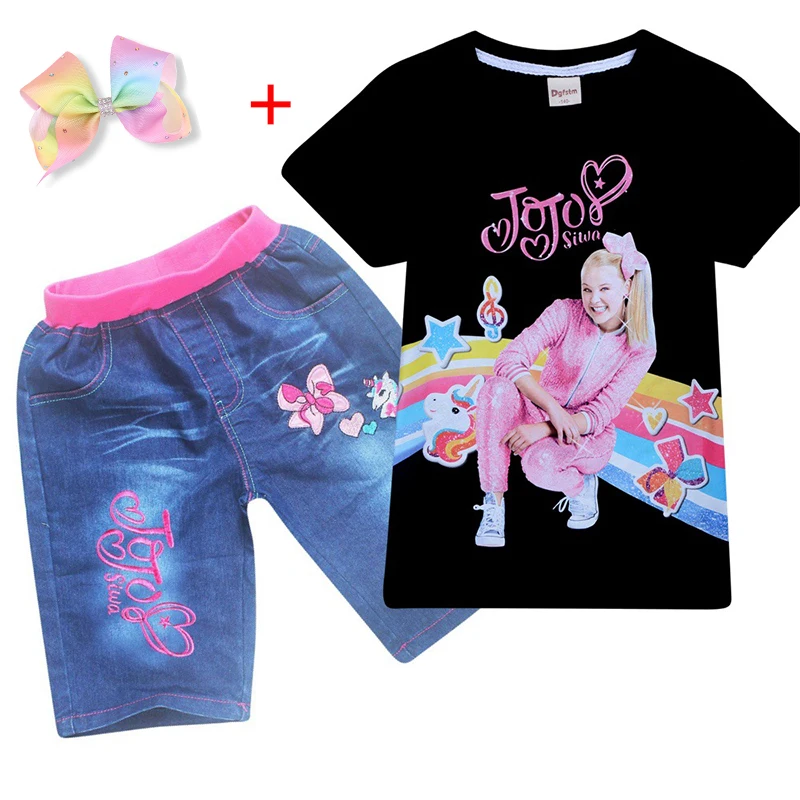 Black Set-Bow Новинка года; летний костюм Jojo siwa для маленьких девочек футболка с короткими рукавами; джинсовый костюм для студентов комплект детской одежды для девочек - Цвет: Black Set-Bow