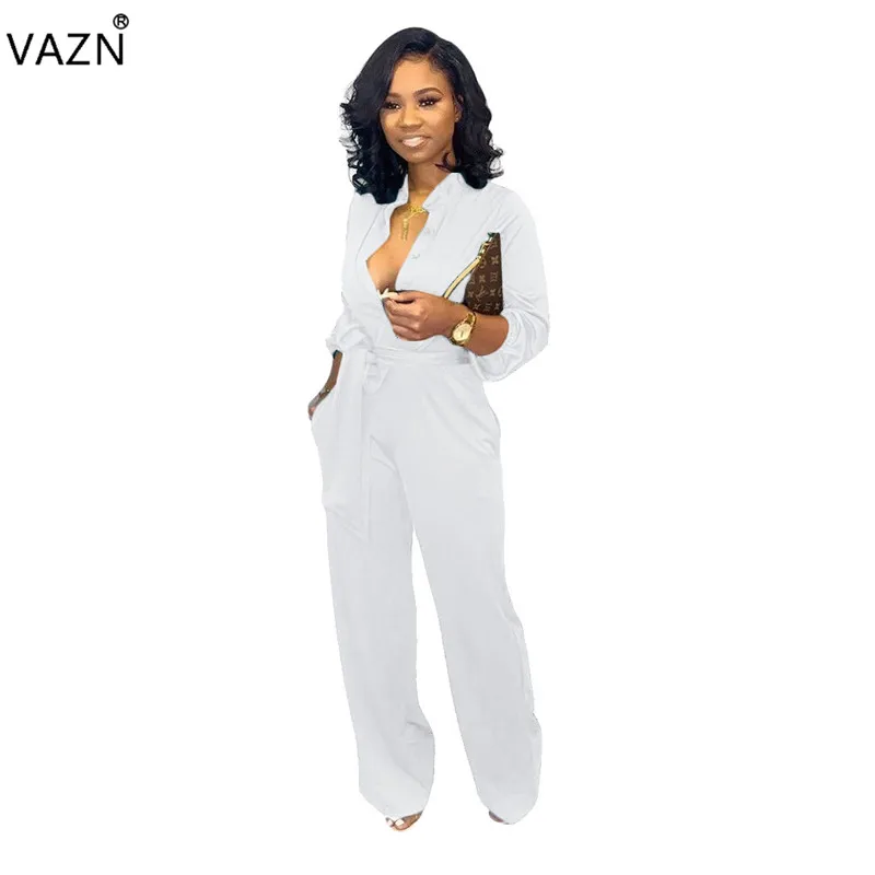 

VAZN LSD8602 new arrival 2019 summer lady chiffon jumpsuit full sleeve button fly long pant jumpsuit lady sexy sashes jumpsuits