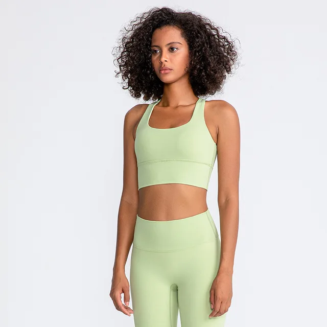 Lulu High Quality Fitness Bra Women Gym Tank Top Butter Soft  Cross Back Yoga Vest Athletic High Impact Brassiere With Chest Pad Tower Green