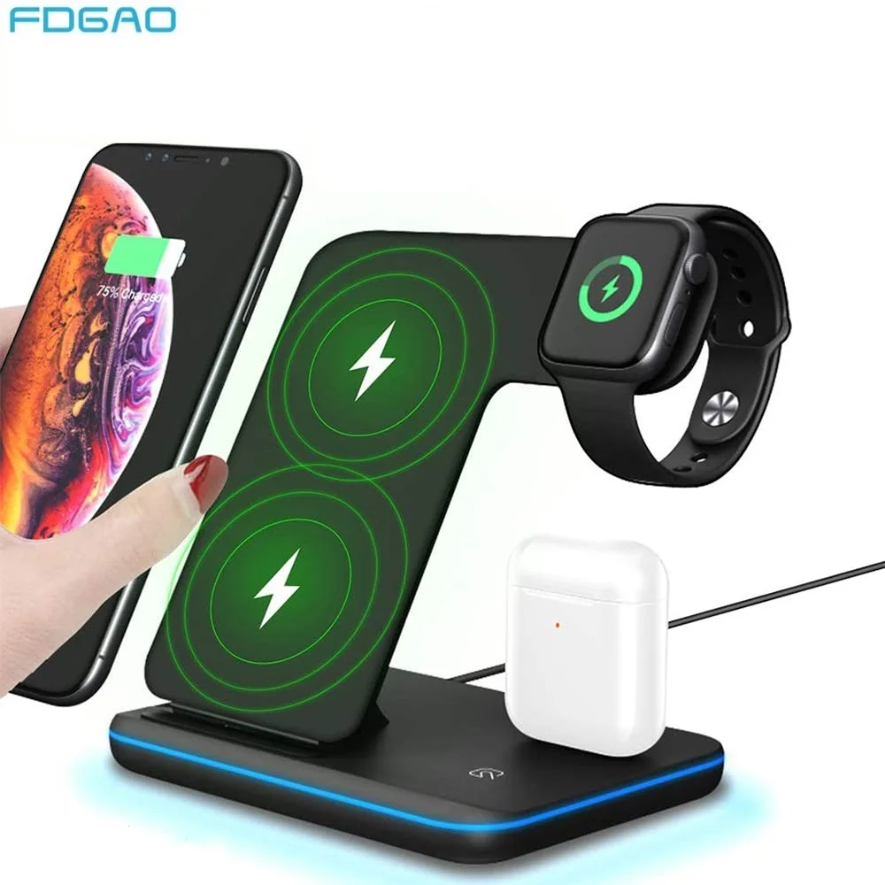Беспроводная зарядная станция FDGAO 15 Вт 3 в 1 Qi для iPhone 11 XS XR X 8 Quick Charge Dock Stand Apple Watch 5 4 2