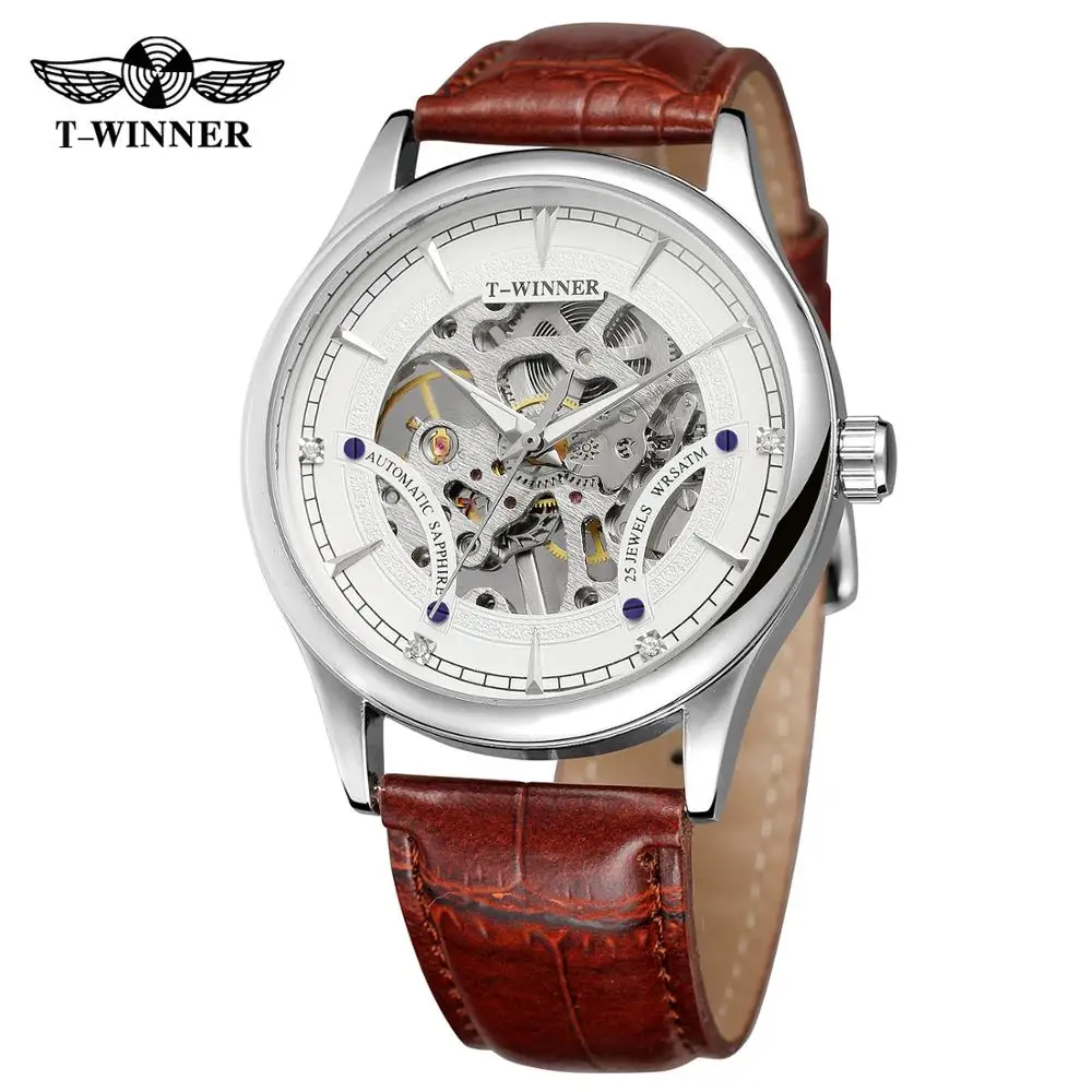 

T-WINNER fashion casual men's watch white hollow dial silver case reddish brown leather strap automatic mechanical watch