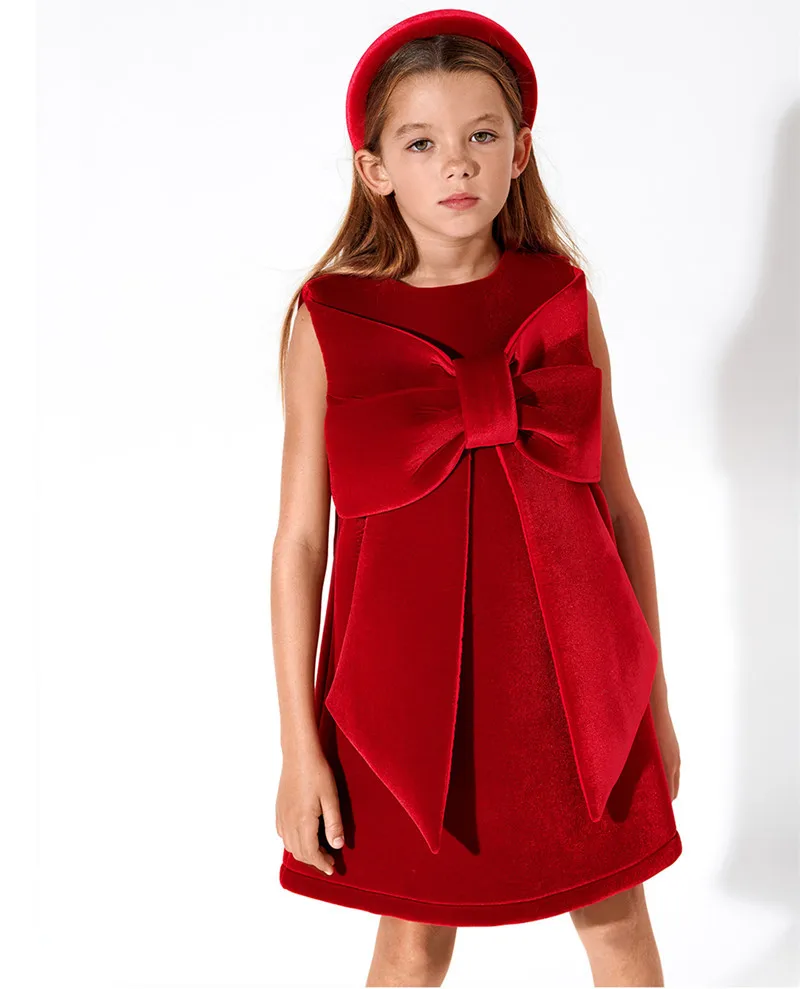 New Year Child Big Bow Red Corduroy A-line Dress Party Princess Kids Dresses For Girls Christmas Clothing 1-6 Year Old girls dress princess costume kids clothes