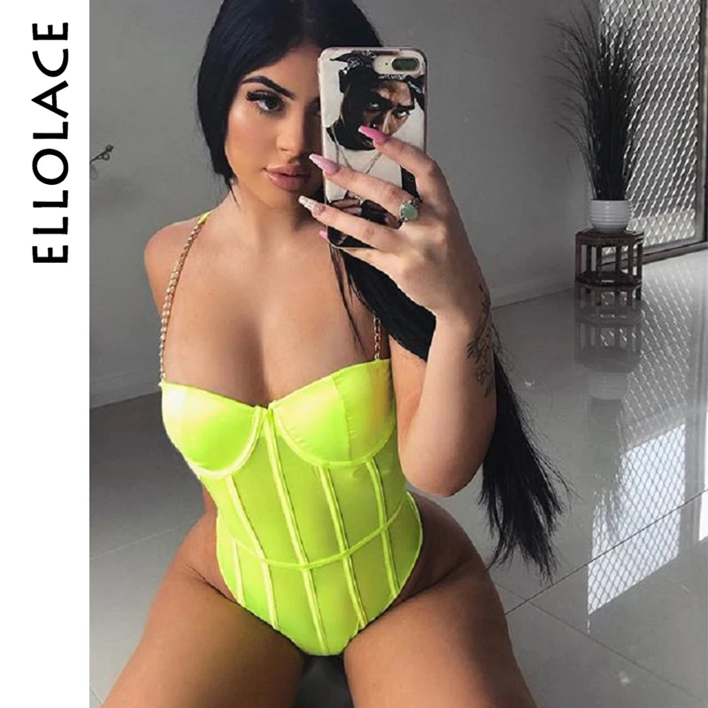 

Ellolace Neon Fashion Sexy Bodysuit Women Patchwork Bodys Push Up Overalls with Strap Chain Slim Bodycon Rompers 2019 Body Suit