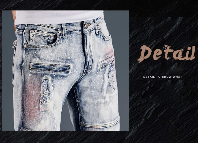 light blue jeans men Ripped Holes Stitching Motorcycle Jeans Men's High Street Punk Style Stretch Slim Denim Hip Hop Vintage Straight Trousers jeans men