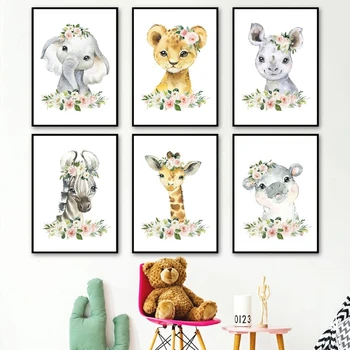 

Floral Jungle Animals Canvas Prints Nursery Decor Elephant Giraffe Painting Wall Pictures Nordic Poster For Baby Girls Room