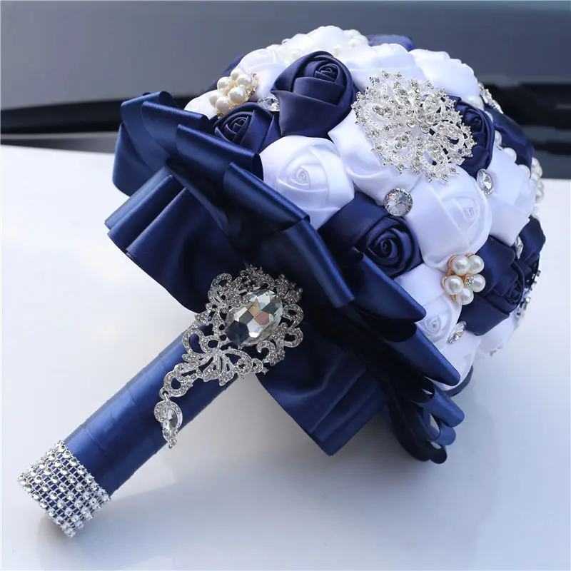 New Customizable Rhinestones Holding Flowers Bride Wedding Bouquet Dark Blue White Ribbon Rose Artificial Flowers Bouquet W3217B New Customizable Rhinestones Holding Flowers Bride Wedding Bouquet Dark Blue White Ribbon Rose Artificial Flowers Bouquet W3217B